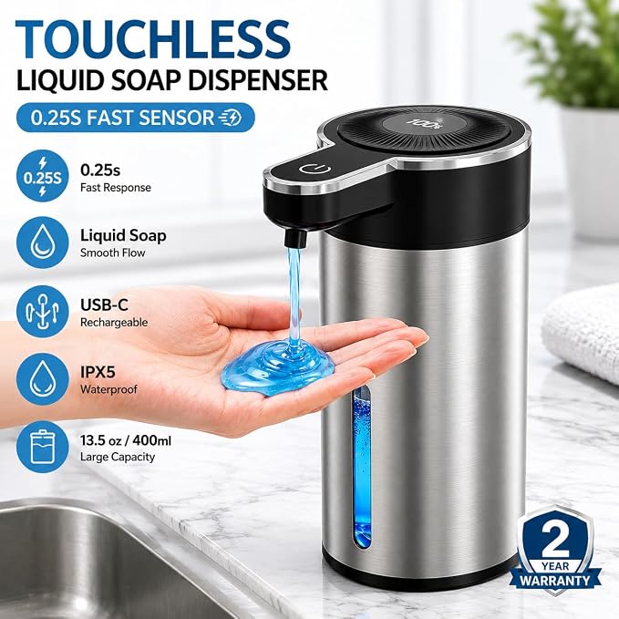 Touchless Automatic Liquid Soap Dispenser for Kitchen, Rechargeable, 13.5oz Large Capacity, Fast Sensor, 4 Adjustable Liquid Levels, Waterproof, Clog-Free Pump(Stainless Steel Liquid)