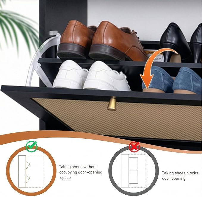 Karl home Black Rattan Shoe Cabinet, 3-Tilt-Out Entryway Storage Organizer | Hidden Shoe Rack with 3 Tilt-Out Compartments for Heels, Slippers and Casual Shoes, Space Saving Entryway Furniture