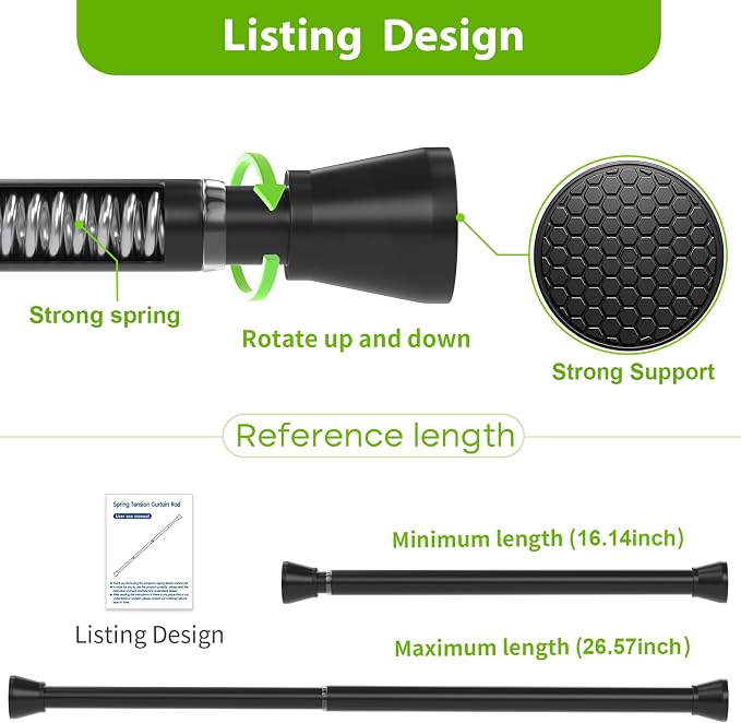 Black Tension Rods 16 to 26 Inch Curtain Rods No Drilling Small Tension Rod Spring Adjustable Curtain Rod Expandable Pressure Spring Tension rods for Closet, Kitchen