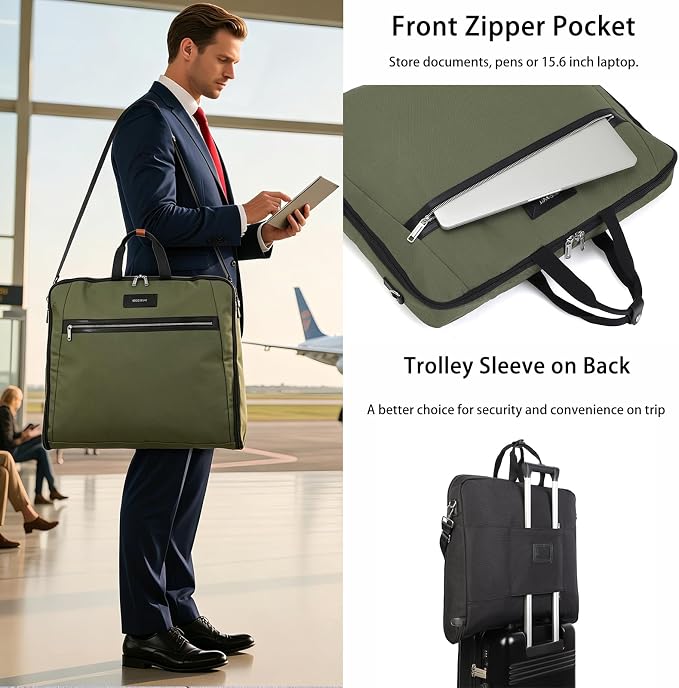 BESMART Garment Bags for Travel, 51" Large Suit Bag for Business Trips | Waterproof,Hangs 3 Suits,Foldable,Wrinkle Free Spacious Luggage Suit Cover,Adjustable Strap,Carry On Flight Approved,Green