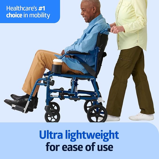 Medline Ultra Lightweight Transport Wheelchair for Adults and Elderly, Foldable, 19-Inch Seat Width, Blue Frame, Black Upholstery, 300 lb Capacity
