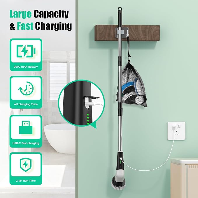 YKYI Electric Spin Scrubber, Cordless Power Scrubber Cleaning Tool with 8 Replaceable Heads and Extension Handle for Bathroom, Tub, Tile, Floor, Grout and Car (White)