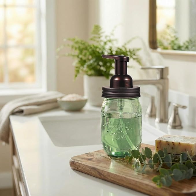 Amolliar Mason Jar Foaming Soap Dispenser, 16OZ Green Glass Hand Soap Dispenser, Plastic Pump & Stainless Steel Lid, Kitchen Dish Soap Bathroom Accessories, Farmhouse Soap Pump Bottle, Bronze 1 Pack