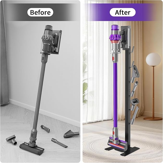 XIGOO Dyson Vacuum Stand for Gen5 Detect V15 V12 V11 V10 V8 V7 V6 | Vacuum Stand for Dyson Cordless Vacuum Cleaners and Accessory, Heavy-Duty Metal Bracket Holder with 6 Hooks, Black