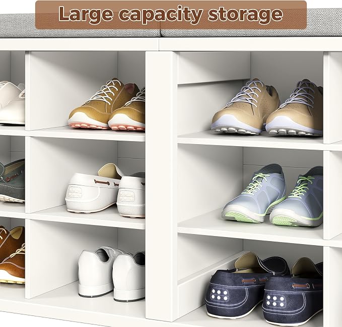 Shoe Rack Bench, Shoe Storage Bench with Cushion, Shoe Organizer 18 Cubbies for Entryway Hallway Bedroom Living Room, Holds Up to 400lbs