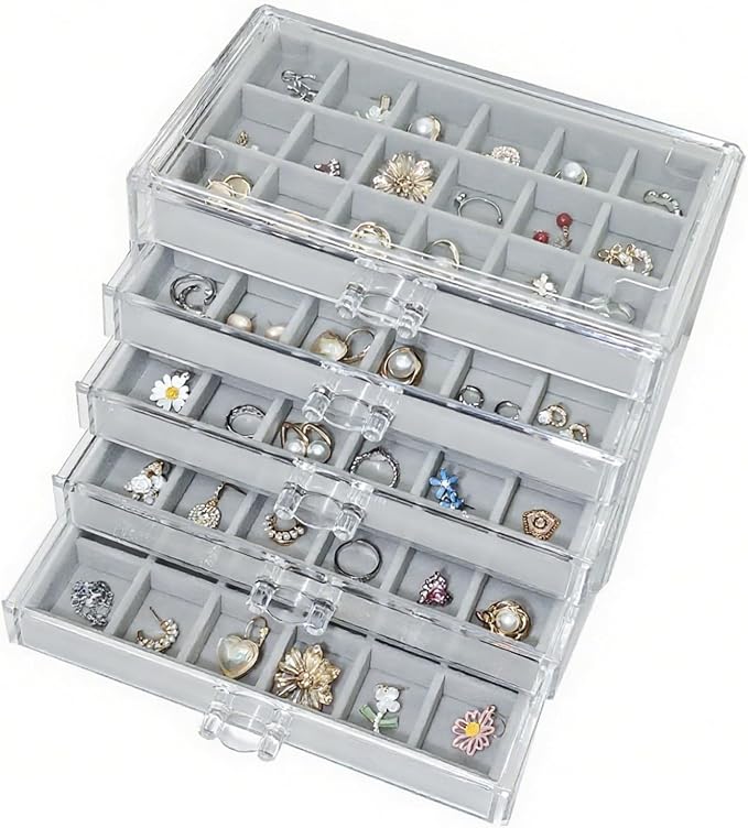 Acrylic Earring Holder Organizer with 5 Drawers Clear Earring Organizer Box with 90 Adjustable Grids Velvet Earring Display Case Jewelry Organizer for Earrings Rings Studs (Grey)