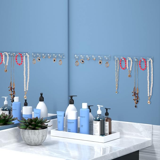 AITEE Acrylic Necklace Holder Organizer Wall Mounted with 6 Hooks, 2 PACK | 11.3x1.38, prevents tangles, hangs necklace, jewelry, bangles, bracelets, rings, for home, best gifts for girls and women