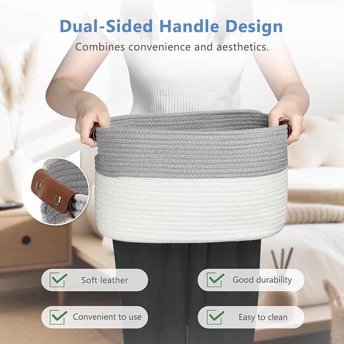 ECDYQXVU 15x10x9 Woven Cotton Rope Storage Basket, Leather Handles 2 Pack | Foldable Design, Sturdy PU Handles, Easy to Clean Organizer for Living Room, Closet, Shelves, Bedroom, Laundry, Clothes