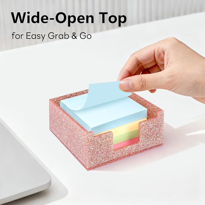 Acrylic Sticky Note Holder 4x4in Tray for Desk, Light Pink Glitter | Sparkling glitter acrylic tray, fits 3x3 sticky notes, compact organizer for office school and home