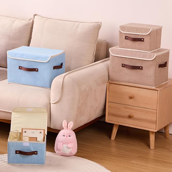 Storage Boxes with Lid Cotton Linen Fabric Storage Bins Organizer Container Decorative Collapsible Washable Shelf Baskets Faux Leather Handles for Home Bedroom Closet (Linen, Large)