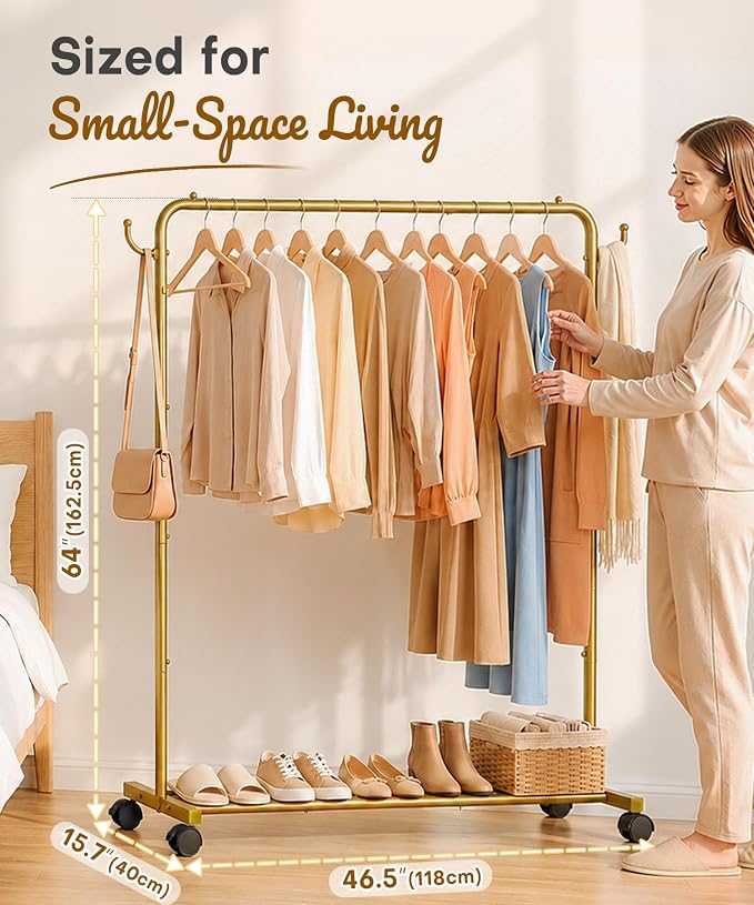 Homde Rolling Clothes Rack with Hooks: Standing Garment Storage for Indoor - Hanging Rod for Bedroom Laundry Room - Coat Dress Organizer on Wheels with luggage shelf (Gold, 46.5")