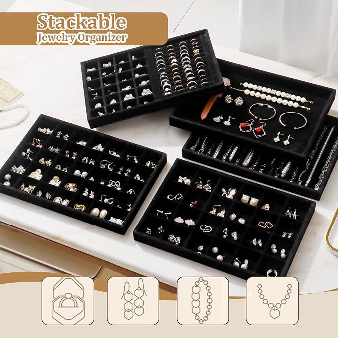 Large Velvet Jewelry Tray 2 Pack Stackable Jewelry Display Drawer Inserts Trays Organizer for Earring Bracelet Necklace Ring (Black, Ring and 24 Grids)