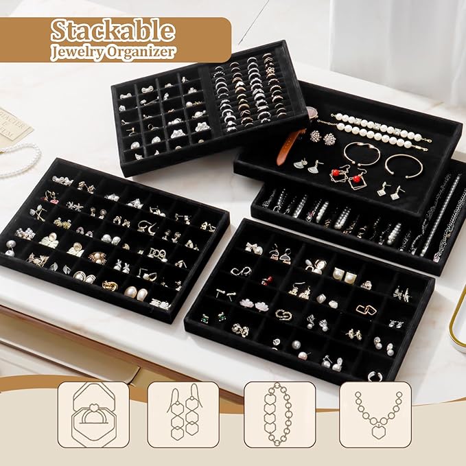 Large Jewelry Organizer for Drawer Insert Velvet Stackable Jewelry Trays for Earring Necklace Bracelet Ring Display (Black, Ring and 24 Grids)