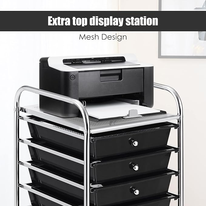 GOFLAME 10-Drawer Rolling Storage Drawer Cart, Utility Cart with Removable Drawers & Metal Frame, Mobile Art Craft Drawer Cart with Lockable Wheels for Home, Office, Studio, School, Black