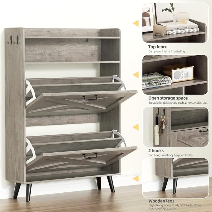 EOYUTLLY Shoe Cabinet with Bench, Shoe Organizer Cabinet with 2 Flip Drawers & Open Shelf, Narrow Shoe Storage Cabinet for Entryway, Freestanding Shoe Rack with Legs, Grey
