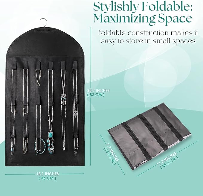 Flexzion Hanging Jewelry Organizer – (1 Pack) Black 32 Clear Pockets & 18 Hooks & Loops, Non-Woven Bag Dual Side Earring Storage Display Holder with for Necklace Bracelet Sunglasses | Double-sided jewelry storage bag with clear pockets and hook-and-loo...