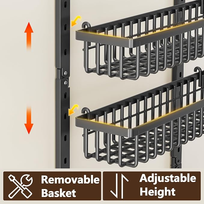 POKIPO 9 Tier Over The Door Pantry Organizer, 2 in 1 Wall Mount or Hanging Spice Rack with Adjustable Deep Basket, Heavy-Duty Seasoning Organizer and Storage for Kitchen Cabinet Closet Bathroom