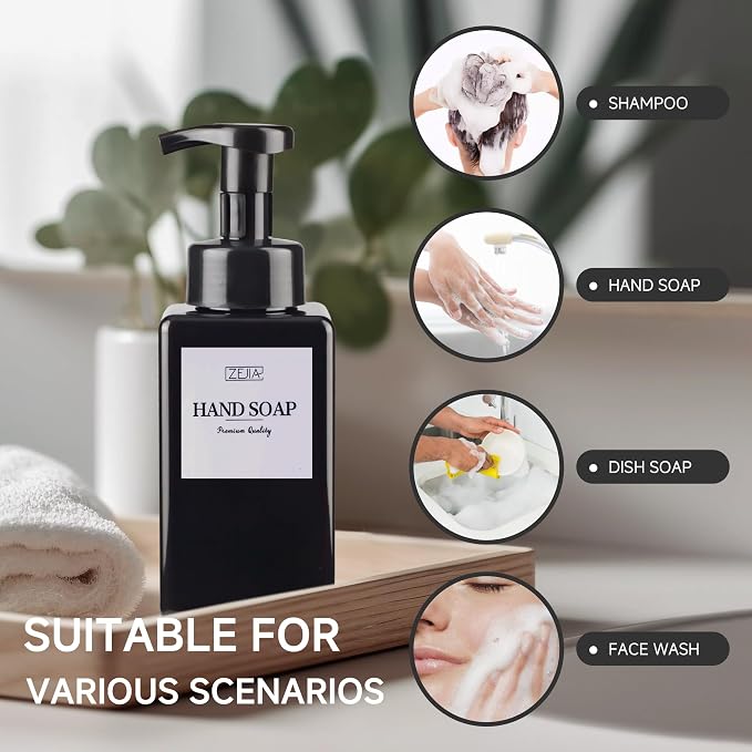 15OZ Foaming Soap Dispenser, 2-Pack Plastic Hand Soap Dispenser, Refillable Leakproof Foam Pump Bottle with Waterproof Labels, for Shampoo, Body Wash