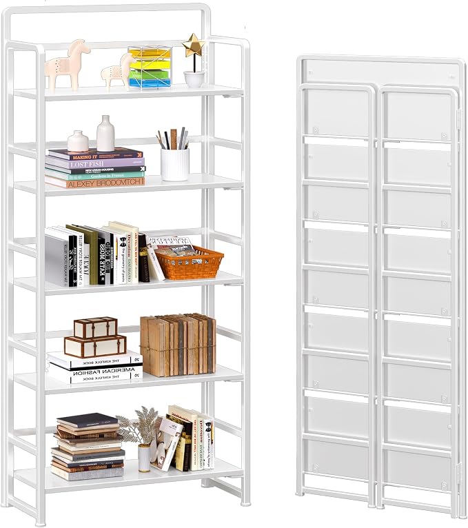 4NM No Assembly 5 Tiers Folding Bookshelf Storage Shelves Vintage Bookcase Standing Racks Study Organizer Home Office (All White)