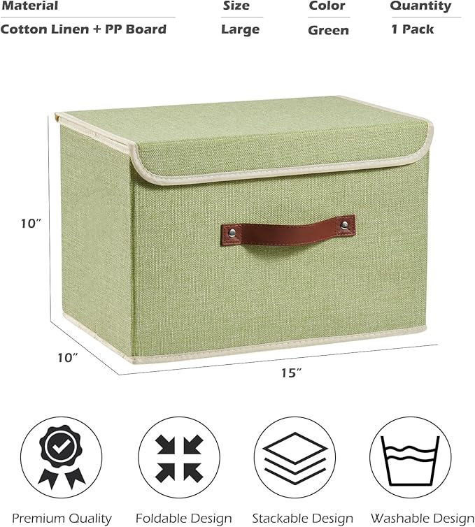 Storage Boxes with Lid Cotton Linen Fabric Storage Bins Organizer Container Decorative Collapsible Washable Shelf Baskets Faux Leather Handles for Home Bedroom Closet (Green, Large Size)