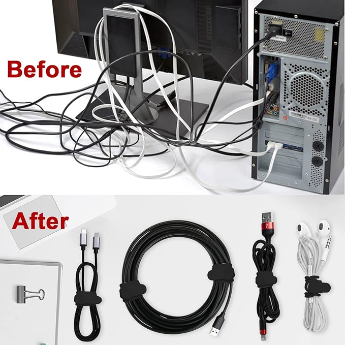 16Pcs Silicone Cable Ties Cord Organizer for Bundling Earphone, Phone Charger, Computer Cords, Reusable Wire Cable Management in Home,Office,Kitchen,School,Travel (Black)
