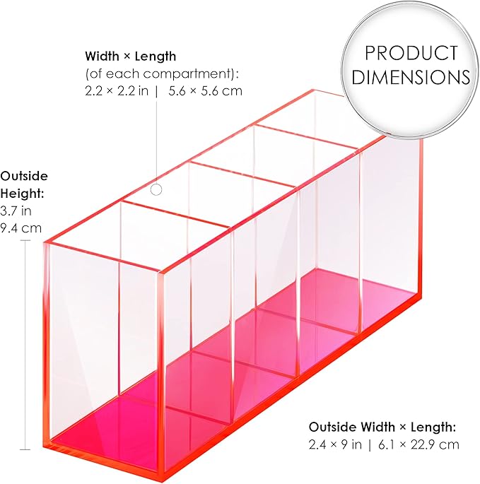 Clear Acrylic Makeup Brush Organizer with Neon Pink Base, 4 Sectional Office Desk Organizer, Makeup Brushes Bathroom Accessories Holder, Pen Holder for School Supplies & Dorm Room Essentials