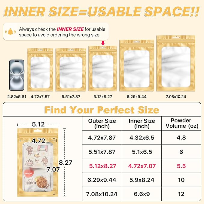ANZNKU 100 PCS Resealable Mylar Bags with Frosted Clear Window Packaging Bags Foil Pouch Zipper Bag for Food Self Sealing Storage Supplies (5.12x8.27, Light Gold)