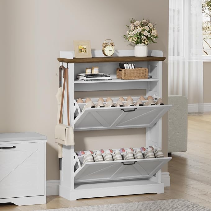 Shoe Cabinet with 2 Flip Drawers, Farmhouse Narrow Shoe Cabinet Organizer with Double-Layer Top, Freestanding entryway organizer with adjustable shelves and hooks, for, Foyer, Hallway, White