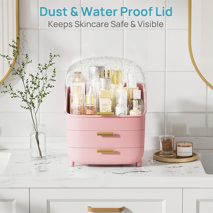 Vtopmart 3-Tier Skincare Makeup Organizer with Lids, Pink | With Drawers and Lid, For Vanity and Bathroom Countertop, Large Cosmetic Storage Box Case for Dresser, With Non-Slip Base