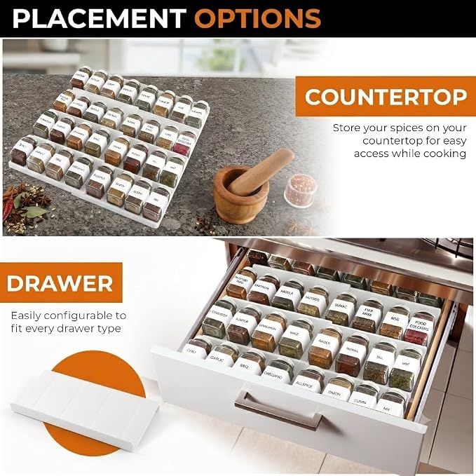 ALCOVA Expandable Spice Drawer Organizer 9-18" White (Jars Not Included) | Expandable Spice Drawer Organizer, Spice Rack, Seasoning Organizer