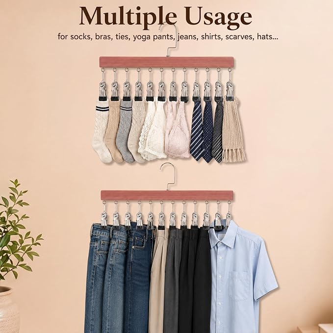 Novabright 4 Pack Cedar Hangers with 12 Clips, 360° Rotating Multi Clip Hangers for Closet, Wooden Hanging Space Saving Organizer for Leggings Pants Jeans Socks Hats Scarves Bras Accessories