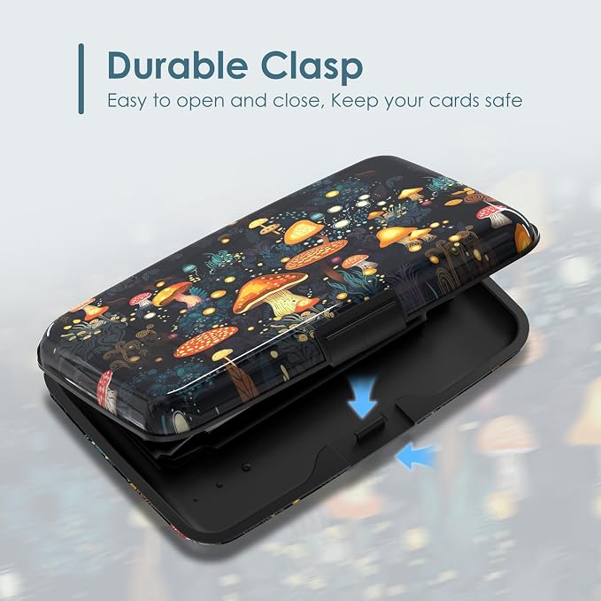 Mini Metal Wallet Credit Card Holder Business Card Case Slim Metal ID Case for Men Women, Cute Mushrooms