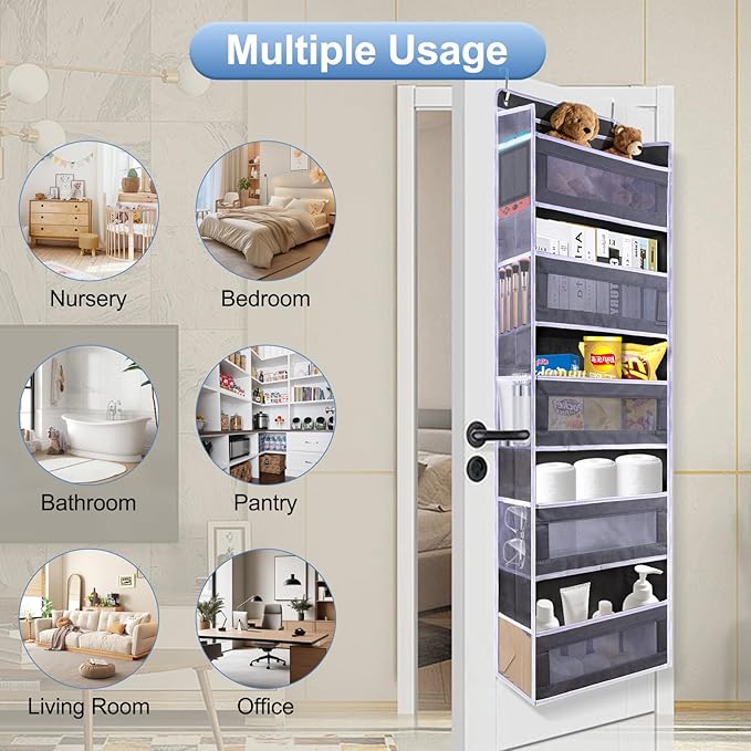 ANHUXINLEI Over The Door Organizer Storage, 5 Large Capacity Pockets & 5 Side Pockets, Anti Tilt 44 lb Load Behind Door Storage for Bedroom, Bathroom, Pantry, Nursery (Dark grey)