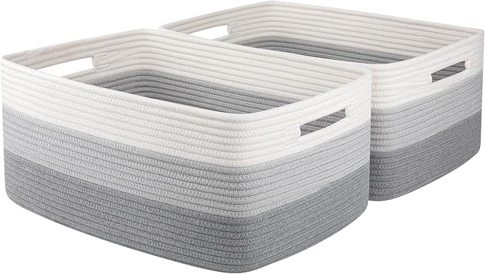 OIASKET Large Storage Basket for Organizing, Woven Rope Basket for Shelves, Closet Organizer Bins for Clothes, Blanket, Toys, Baby Nursery Storage, 17.7" x 13" x 7.87", 2 Packs Gradient Grey