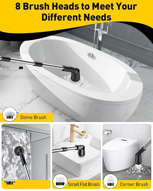 Shower Scrubber with Long Handle, Cleaning Tool for Bathroom Shower Toilet | Shower Cleaner Brushes with IPX7 Waterproof & 2 Speed, 3 Brush Heads, Bathroom Cleaning Supplies for Toilet Tub