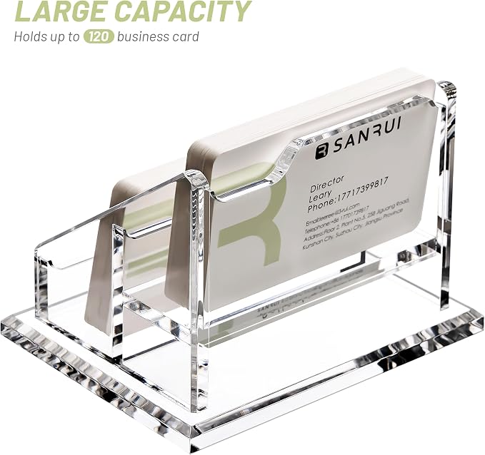 SANRUI Acrylic Business Card Holder, 2 Tier 2 Pocket Clear Business Card Stand ,Horizontal Business Card Display Stand for Exhibition, Home and Office