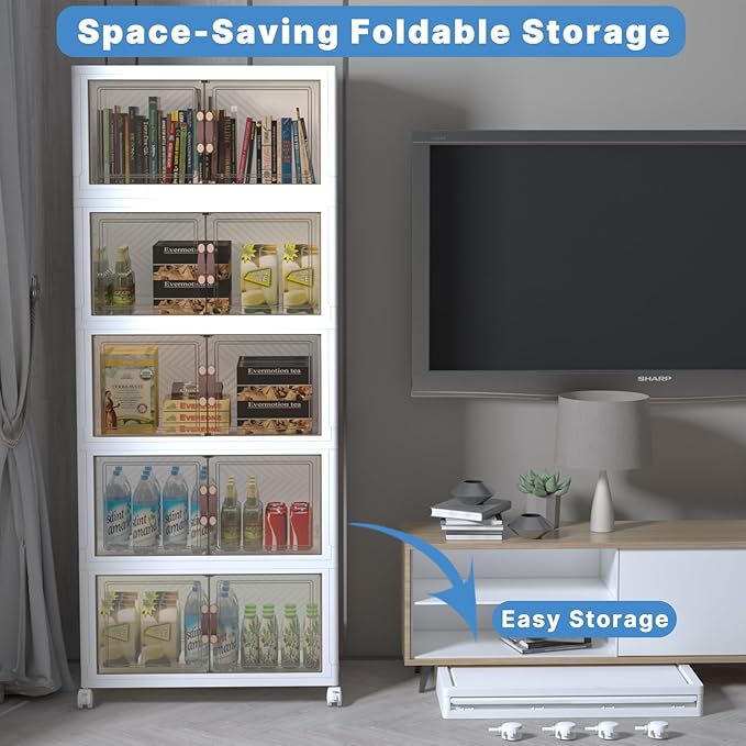 Stackable Storage Bins with Lids, Collapsible Storage Boxes, Foldable Plastic Storage Drawers for Bedroom,Office, Dorm (5, White, L)