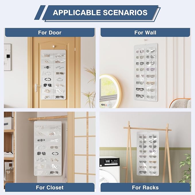 Hanging Sunglasses Organizer and Storage, 32 Slots Jewelry Holder, White | Protect eyewear from dust with double-sided clear compartments; roof design hangs on wall, door or closet for home/RV travel.