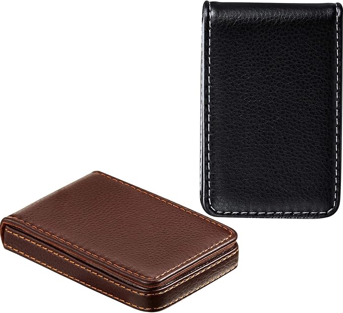 Outus 2 Pcs Business Card Holder, PU Leather Business Card Case Pocket Wallet with Magnetic Shut for Men Women(Black and Coffee,Classic)