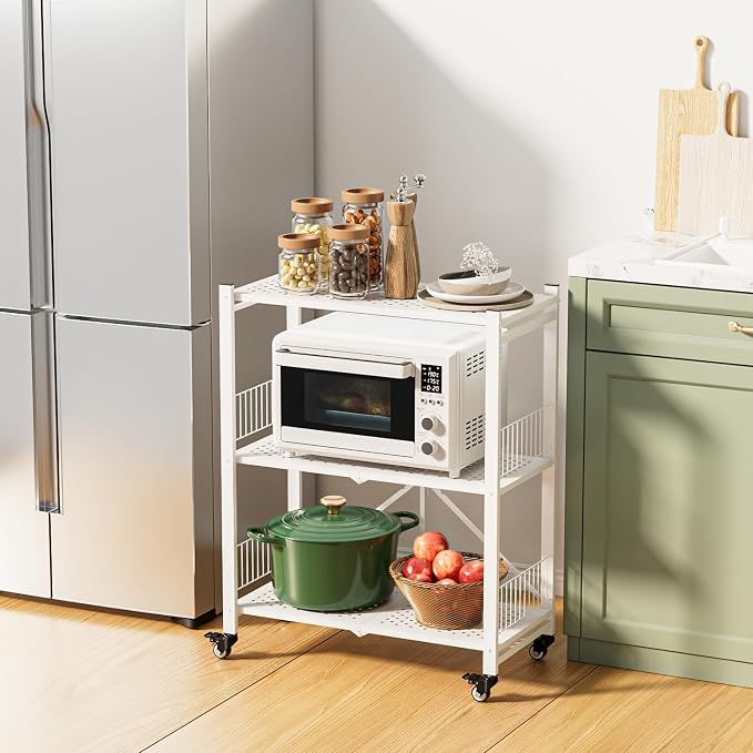 Folding Storage Shelves No Assembly, 3 Tier Foldable Shelves with Wheels, Collapsible Rolling Storage Rack for Pantry Laundry Room Small Spaces, White