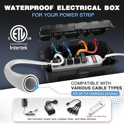 Flemoon Medium Outdoor Waterproof Electrical Box, for Power Strip | ETL Certified IP54 Extension Cord Cover w/6 Cable Entry Ports, Weatherproof Connection Box for Timer, Holiday Lights, Black