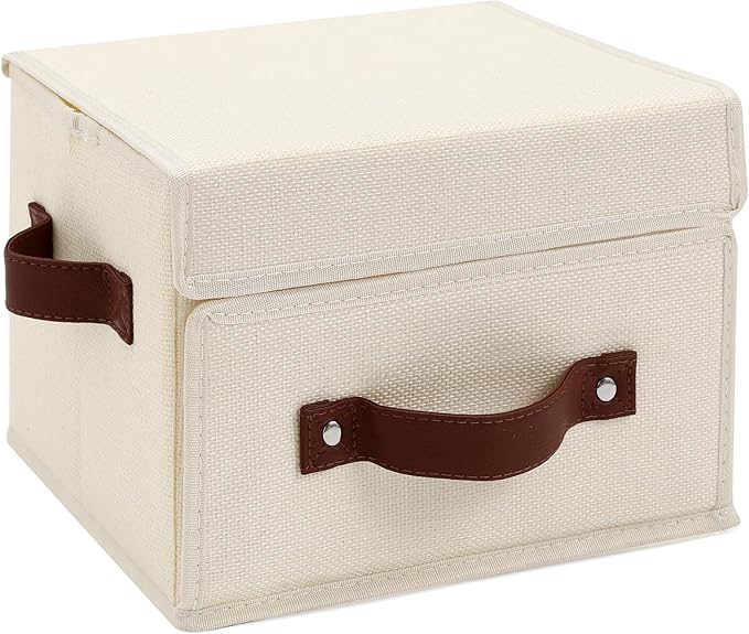 Storage Bins Box with Lids Front Opening Window Decorative Cotton Linen Fabric Basket PU Leather Handles Washable PP Plastic Board Foldable Shelf Closet Organizer Container (Beige, Small)