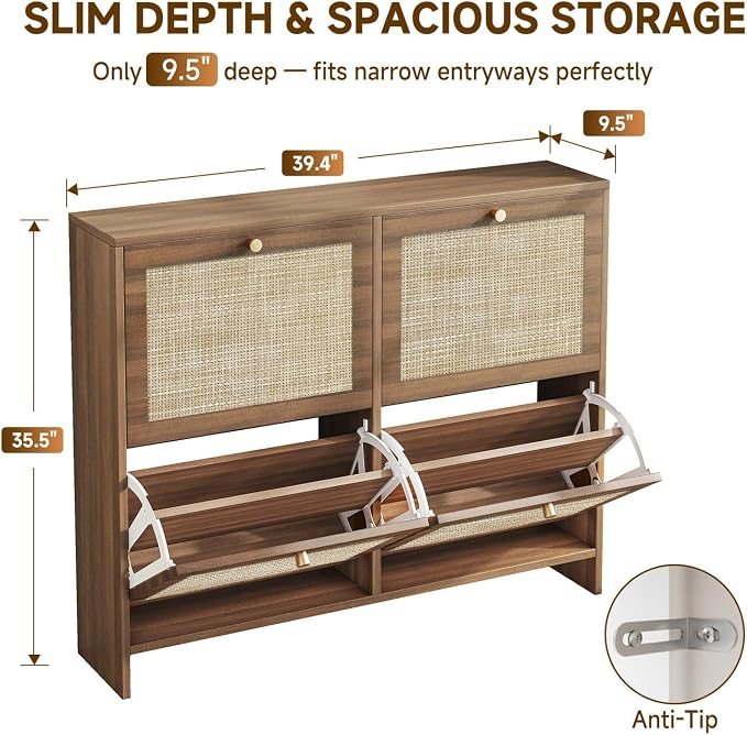 Nicetree Shoe Cabinet Storage for Entryway, 4-Flip Drawer Narrow Shoe Rack with Adjustable Shelves, Boho Modern Square Rattan Shoe Organizer, Slim Wood Storage Cabinets for Small Spaces Fits Size 13.5