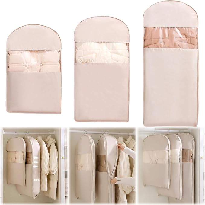 3PCS Space Saving Hanging Garment Bag with Self Compression Zipper, Compression Space Saver Closet Storage Organizers, Dust Cover Clothes Bags for Down Coat (Pink,M+L+XL)
