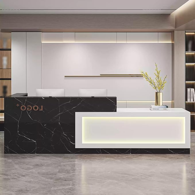Modern Reception Desk with Counter, Front Desk Reception Counter with Lockable Drawer, Keyboard Tray & Storage Cabinet, Solid Wood Receptionist Table for Salon Office Lobby (B - Right, L 180cm/71in)