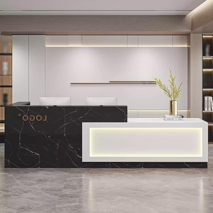 Modern Reception Desk with Counter, Front Desk Reception Counter with Lockable Drawer, Keyboard Tray & Storage Cabinet, Solid Wood Receptionist Table for Salon Office Lobby (B - Right, L 160cm/63in)