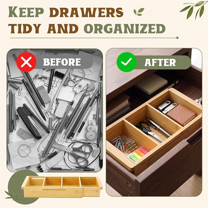 Yookeer 4 Pcs Expandable Drawer Organizer Adjustable Hanging Deep Drawer 11.4'' to 18.1'' Bamboo Wood Dividers Storage Tray for Desk Kitchen Bedroom Bathroom Office Supplies