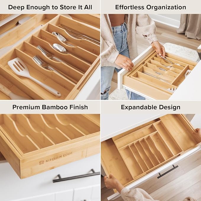 KitchenEdge Premium Silverware, Flatware and Utensil Organizer for Kitchen Drawers, Food-Safe Contract Grade, Expandable from 18 to 33 In, Natural Bamboo