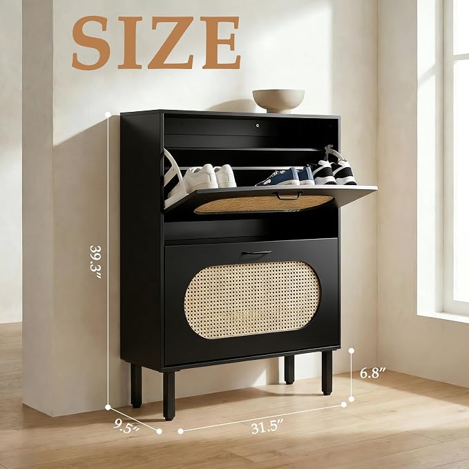 SUNCROWN Shoe Storage Cabinet with 2 Flip Drawers, Freestanding Narrow Shoe Rack Organizer for Entryway, Natural Semi-Circular Rattan Doors with Adjustable Shelves, Black
