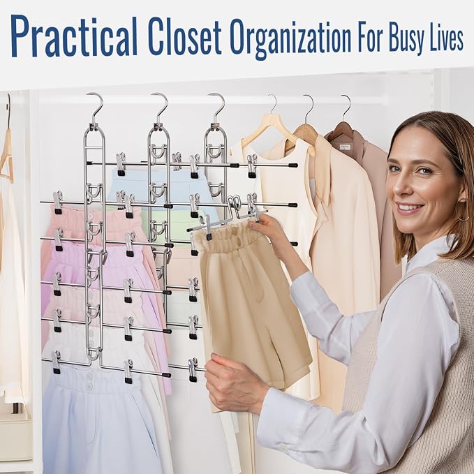 Pants & Skirt Hangers with Clips, Newly Upgraded Detachable - Space Saving Hangers, 6-Tiers Foldable Skirt Hangers for Women - Hanging Closet Organizer and Storage - 4 Pack, Patent Pending
